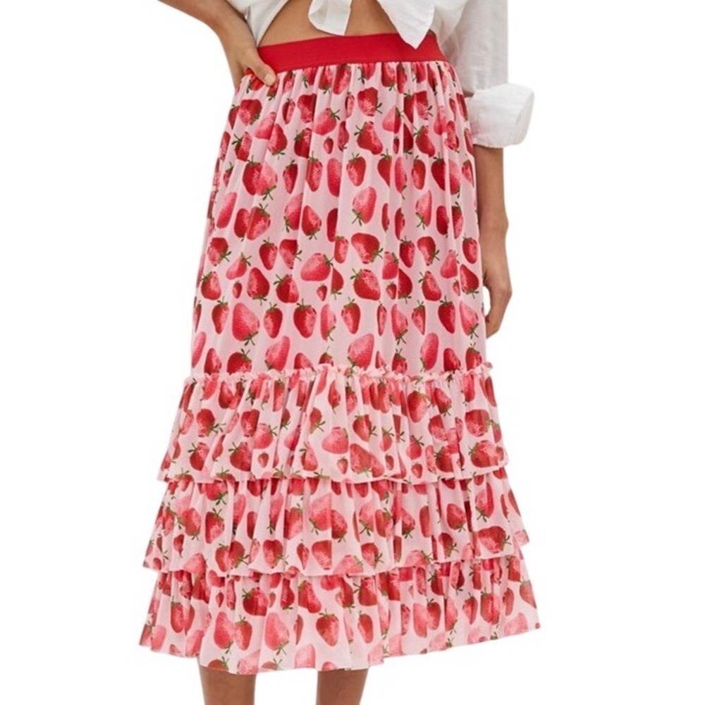 NWT Anthropologie Eva Franco‎ Strawberry Print Tiered Tulle Midi Skirt Size XS